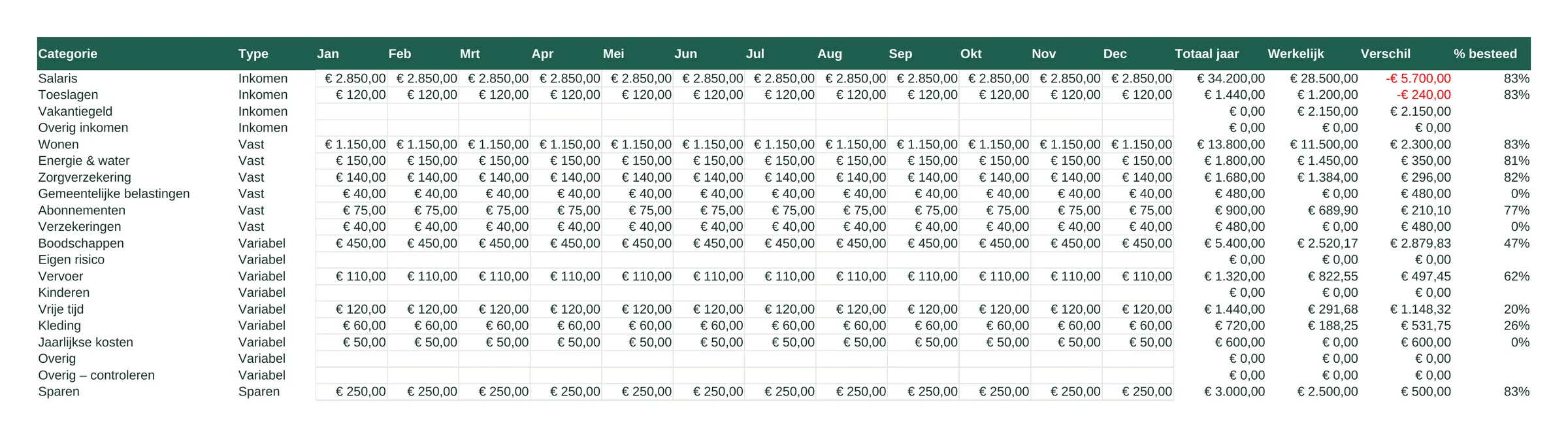 Tabblad Budget met per categorie het maandbudget voor januari t/m december, het werkelijke bedrag, het verschil en het percentage besteed.